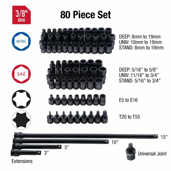 Best Sale ๐ Sunex 80pc 3/8" Dr. SAE & Metric Impact Socket Master Set 3580 ๐ 4 Best Sale ๐ Sunex 80pc 3/8" Dr. SAE & Metric Impact Socket Master Set 3580 ๐ - Image 2